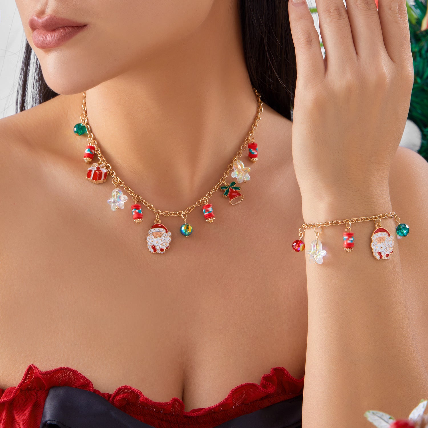 Di Yufeng Fashion Christmas Tree And Santa Claus Bracelet And Necklace Set