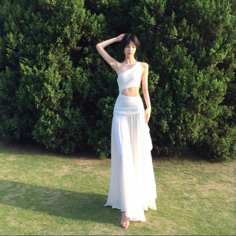 Asymmetric Shoulder And Waist Cut-out White Ethereal Long Dress