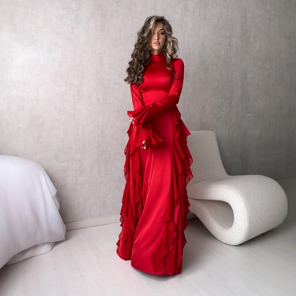 Round Neck Trumpet Sleeve High Waist Slim Dress