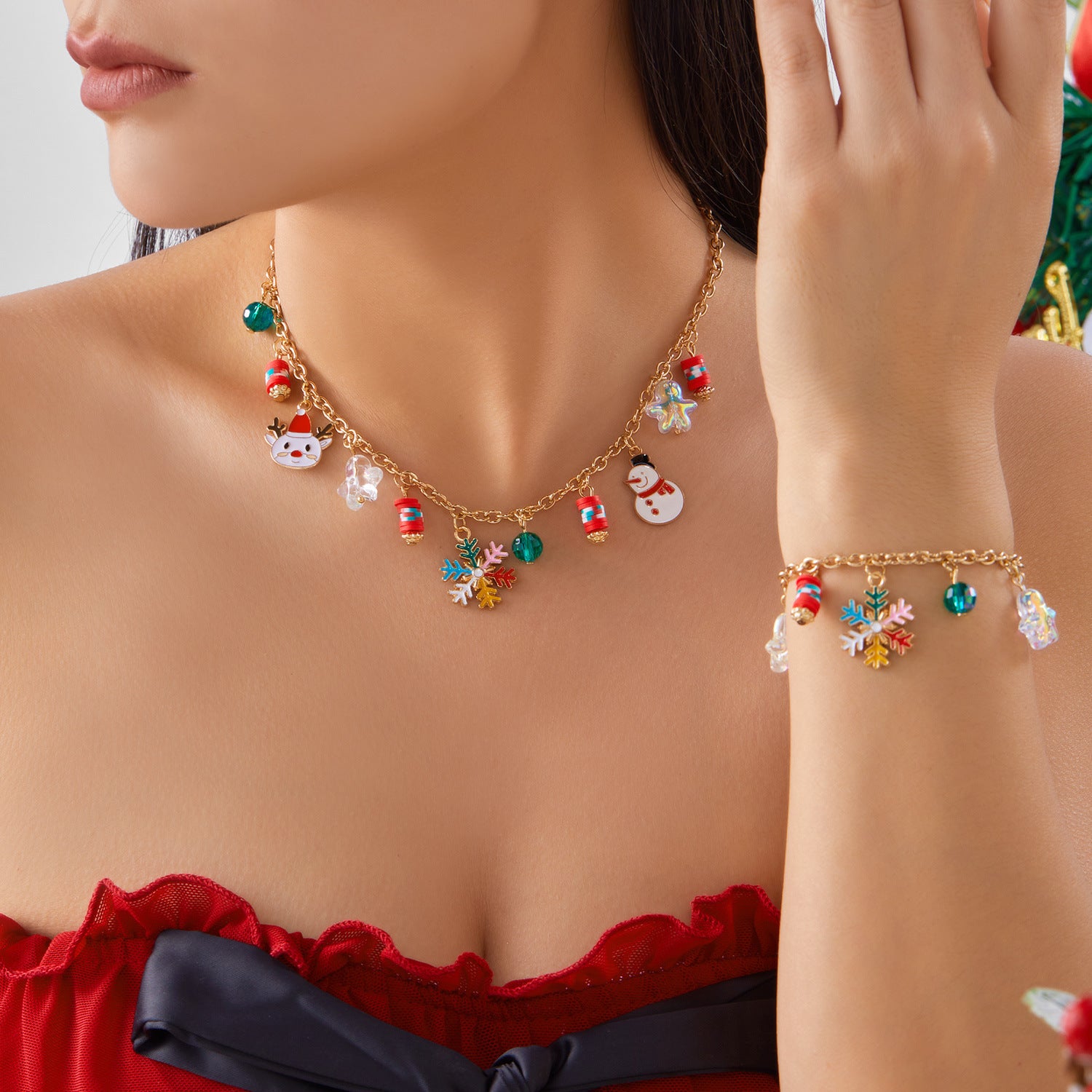 Di Yufeng Fashion Christmas Tree And Santa Claus Bracelet And Necklace Set