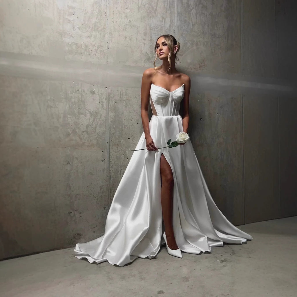 White Satin Slit Pocket Bandage Wedding Dress