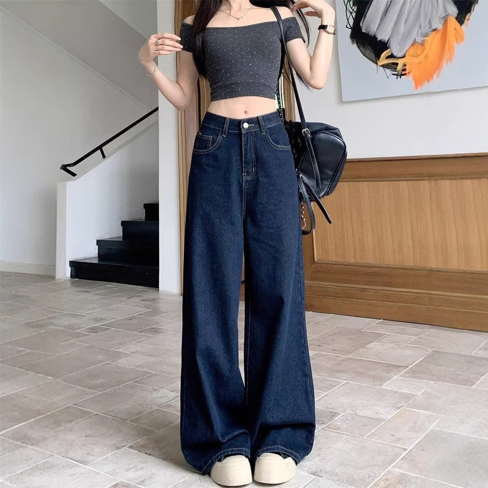 Dark Blue Dad Waist Slimming Wide-leg Pants For Outerwear