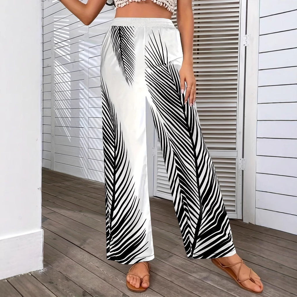 Fashion Elegant Striped Leaf Positioning Printed Wide-leg Pants Women